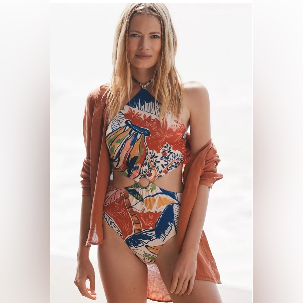 Farm Rio Cutout Halter One-Piece Swimsuit